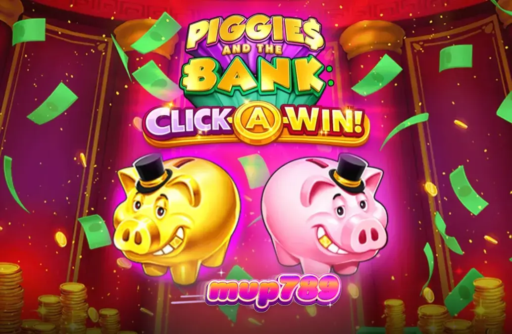 Tampilan antarmuka permainan slot Piggies and the Bank: Click-A-Win dengan tema babi mewah.